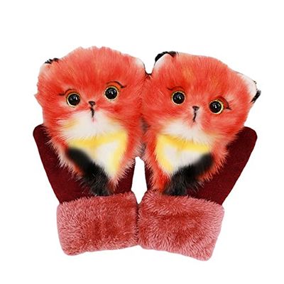 21D Cartoon Animal MittensCute Handmade Knitted Plush Animal Mittens Gloves, Full Fingers Thickening Soft Warm Mittens (red, Child)