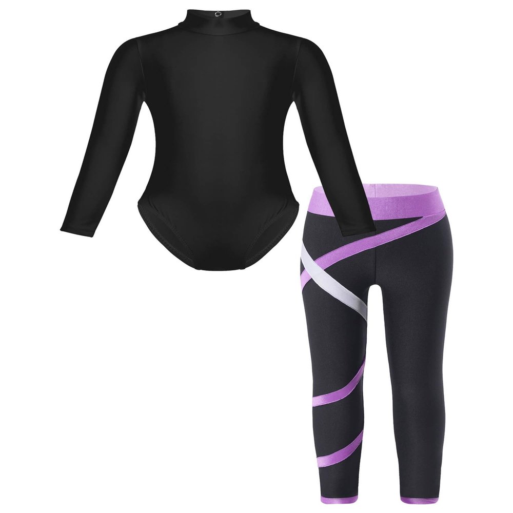 Jugaoge Girls Gymnastics Outfits Kids Dance Ballet Leotard and Stretch Leggings Set Athletic Biketard Lavender 7-8 Years