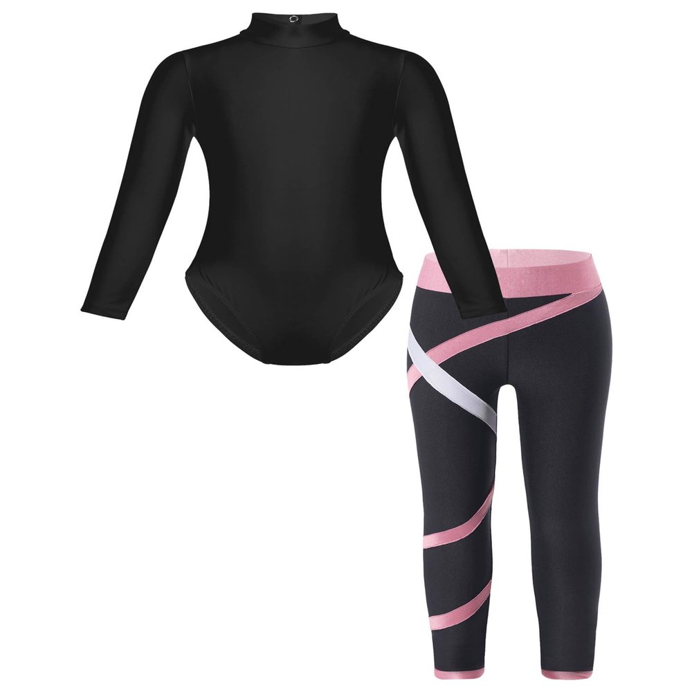 Jugaoge Girls Gymnastics Outfits Kids Dance Ballet Leotard and Stretch Leggings Set Athletic Biketard Pink 5-6 Years