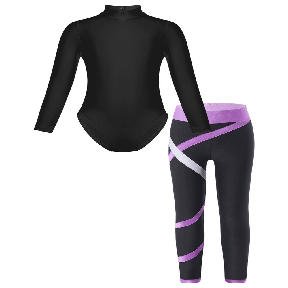 dPois Kids Girls Gymnastics Turtleneck Leotard with Athletic Leggings 2 Pieces Set Dance Ballet Dancewear Lavender 9-10 Years