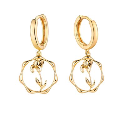 ABDOT Gold Dainty Birth Flower Earrings 14K Gold Plated Floral Iris Huggie Hoop Earrings for Women Wildflower Valentines Day