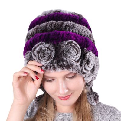 Queenbox Faux Rex Rabbit Fur Knit Hat with Pom Warm Winter Furry Women Ski Beanie Cap, 16