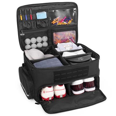 GOBUROS Golf Trunk Organizer Storage with Separate Compartment for 2 Pair Shoes Up to US Mens 16, Golf Car Locker Organizer for Balls, Tees, Clothes, Gloves, Accessories, Black