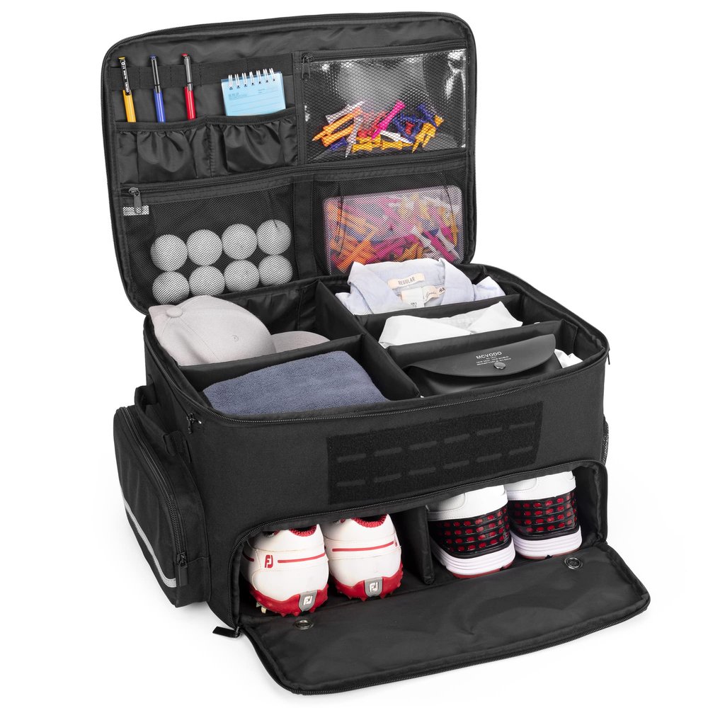 GOBUROS Golf Trunk Organizer Storage with Separate Compartment for 2 Pair Shoes Up to US Mens 16, Golf Car Locker Organizer for Balls, Tees, Clothes, Gloves, Accessories, Black