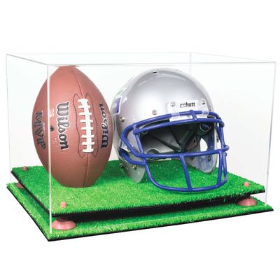 Better Display Cases Acrylic Football and Football Helmet Display Case - Large Rectangle Box with Clear Case, Pink Risers and Turf Base 18" x 14" x 12" (A014/B60)