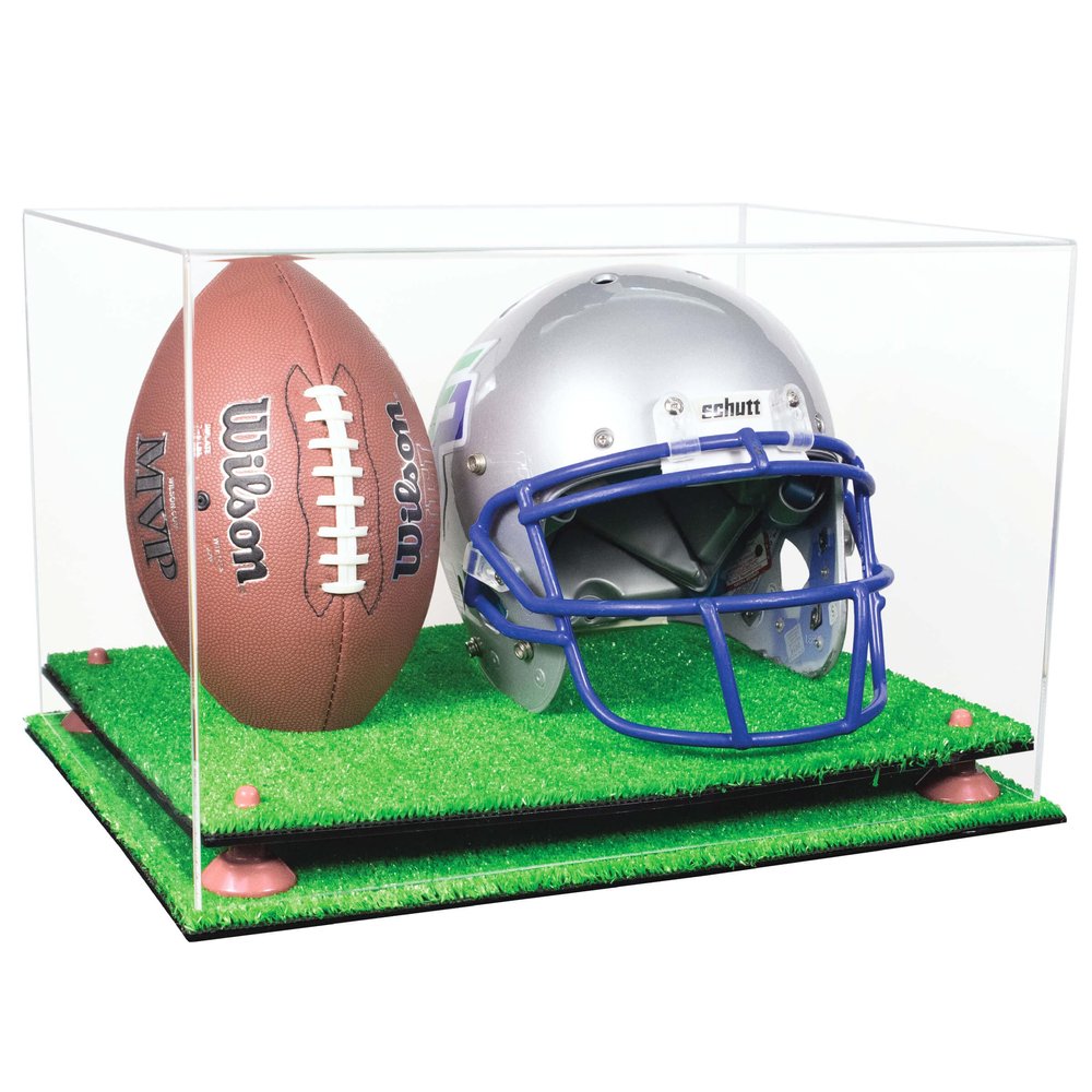Better Display Cases Acrylic Football and Football Helmet Display Case - Large Rectangle Box with Clear Case, Pink Risers and Turf Base 18" x 14" x 12" (A014/B60)