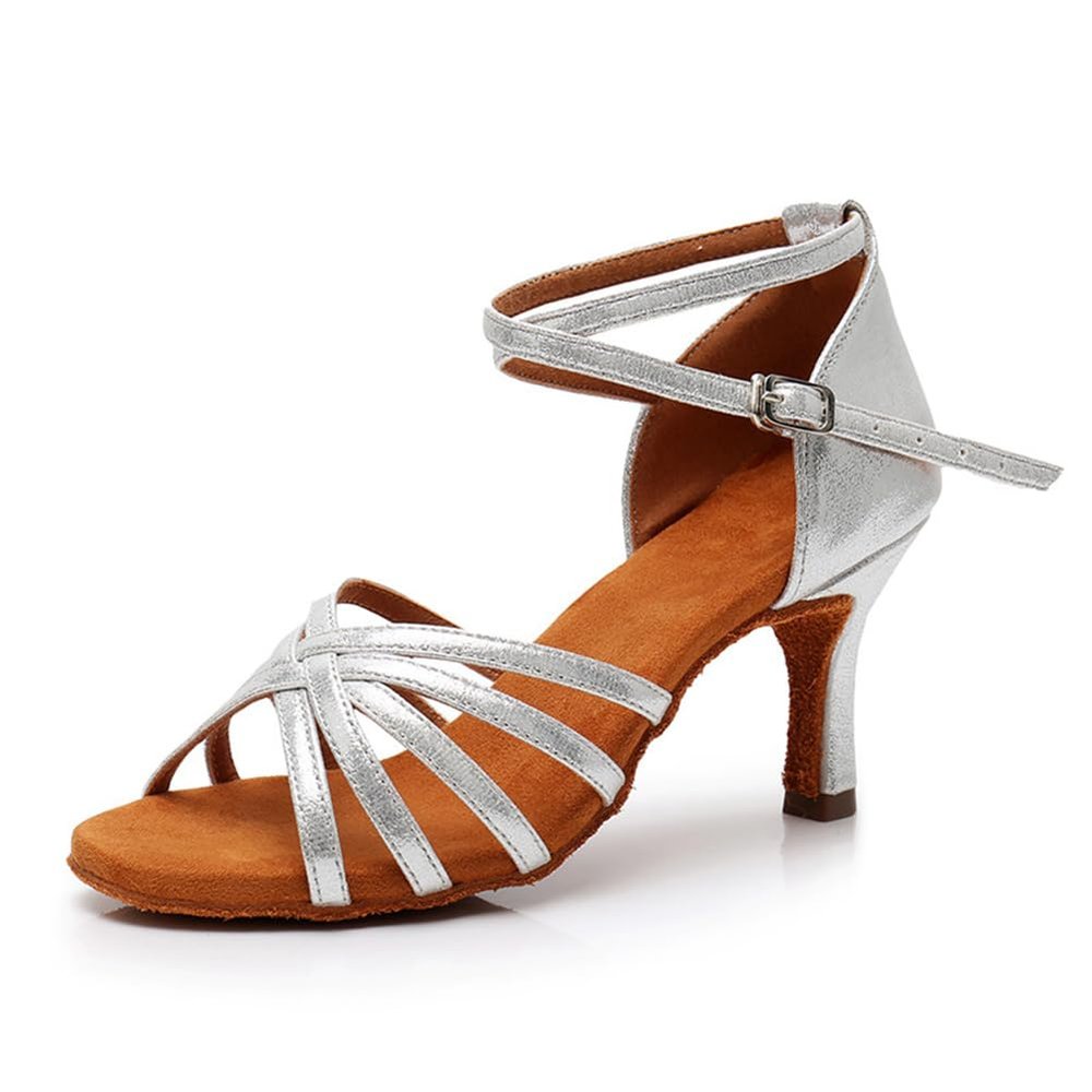 MSMAX Women Latin Dancing Shoes Silver High Heel Character Ballroom Dance Shoe for Women 6 M US Women