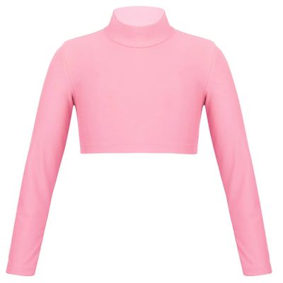 QinCiao Girls Sportswear Athletic Cheerleading Turtleneck Gymnastics T-Shirt Crop Top for Ballet Dance Perfor Workout Pink 12-14