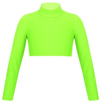 QinCiao Girls Sportswear Athletic Cheerleading Turtleneck Gymnastics T-Shirt Crop Top for Ballet Dance Perfor Workout Fluorescent Green 12-14