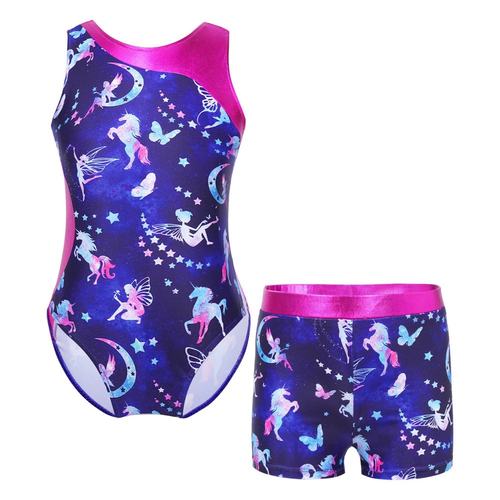 Yartina Girls Printed Gymnastics Leotard Dance Outfit 2 Pieces Swimwear Jumpsuit with Shorts Suit Navy Blue 6 Years