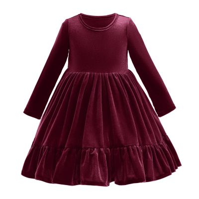 Baby Girl Santa Dress, Family Photoshoot Matching Outfits, Girls Solid Long Sleeve Pleated Knit Dress Easter Girl Dress Baby Fall Dress Wine Red 2-3 Years