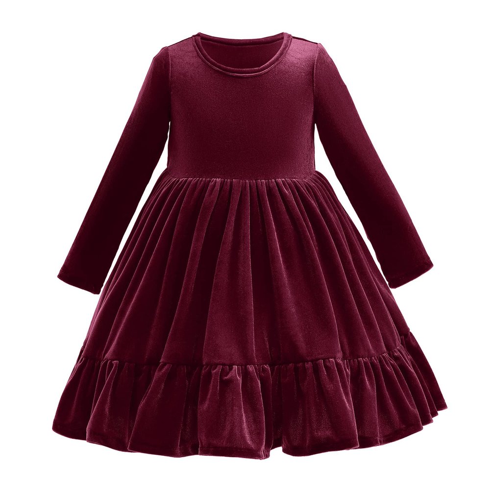 Baby Girl Santa Dress, Family Photoshoot Matching Outfits, Girls Solid Long Sleeve Pleated Knit Dress Easter Girl Dress Baby Fall Dress Wine Red 2-3 Years