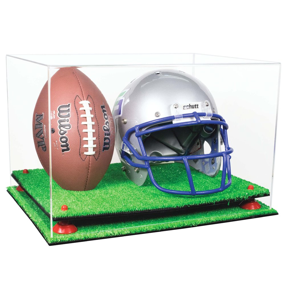 Better Display Cases Acrylic Football and Football Helmet Display Case - Large Rectangle Box with Clear Case, Red Risers and Turf Base 18" x 14" x 12" (A014/B60)