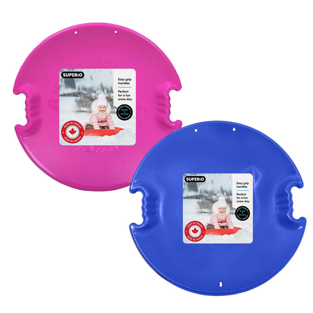 Superio Round Snow Saucer Sleds- Plastic Disc Sleds for Kids and Adults- Heavy Duty Sled Discs with Handles for Downhill Sledding, Winter Outdoor Sports (Blue-Fuchsia, 26 Inch)