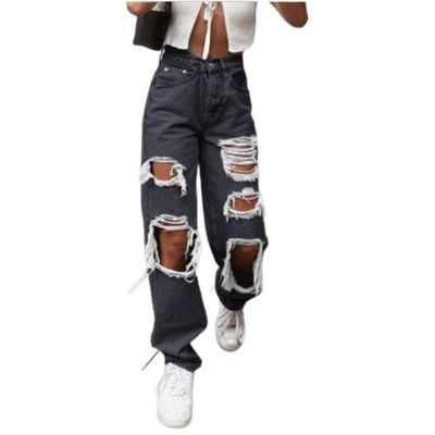 XUETON Women Ripped Boyfriend Baggy Jeans Distressed High Waisted Y2K E-Girl Fashion Baggy Denim Pant Wide Leg Straight Jeans(Black,Small)