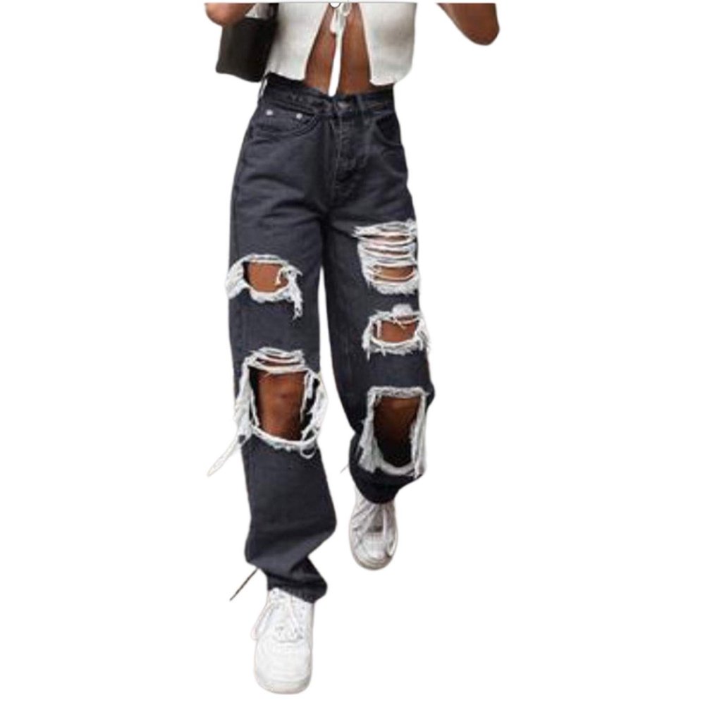 XUETON Women Ripped Boyfriend Baggy Jeans Distressed High Waisted Y2K E-Girl Fashion Baggy Denim Pant Wide Leg Straight Jeans(Black,Small)