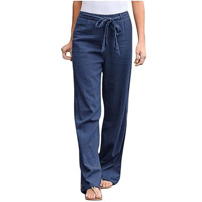 XUETON Women Cotton Linen Capri Yoga Pants High Waist Drawstring Loose Workout Pajama Baggy Harem Palazzo Lounge Peasant Pant(Blue,Large)