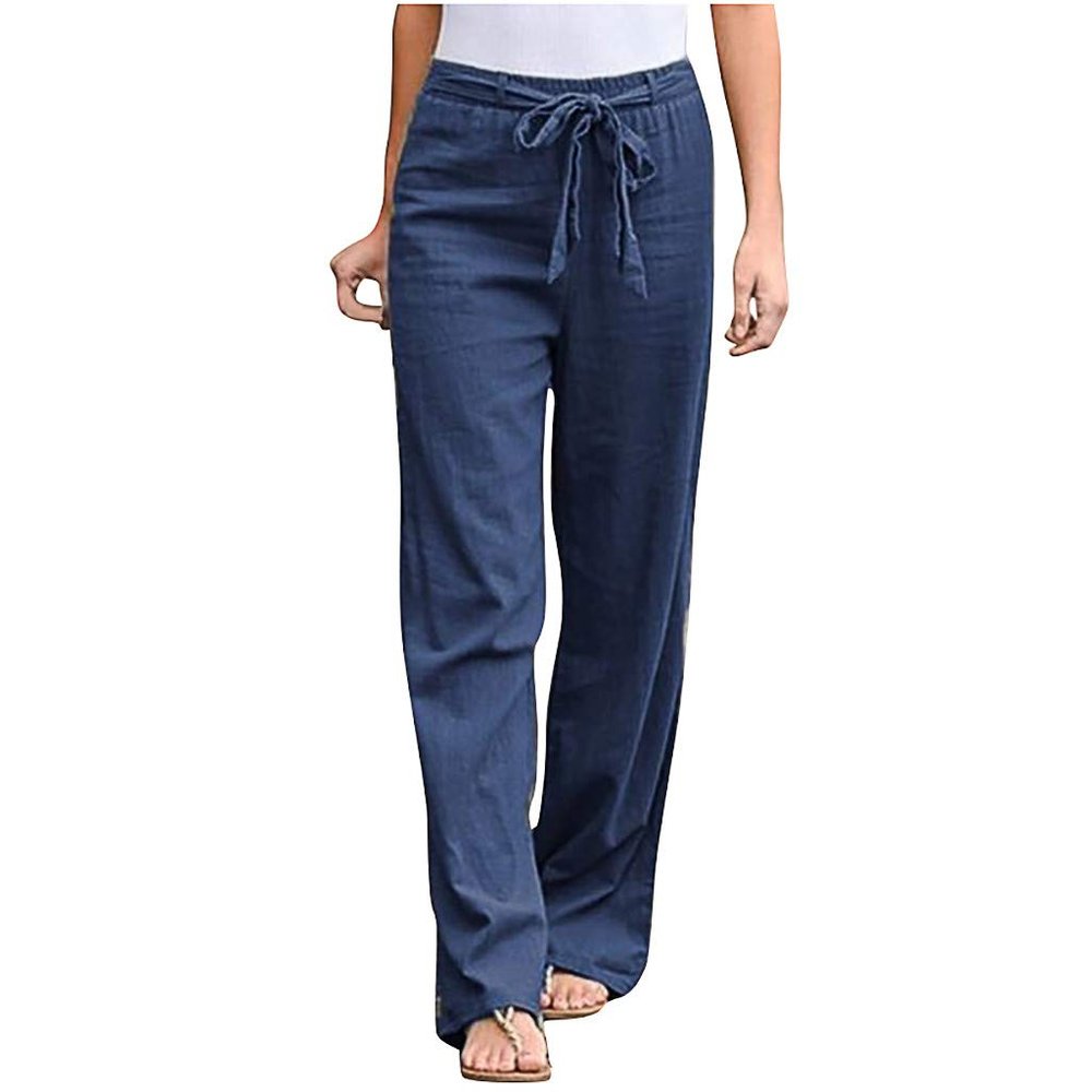XUETON Women Cotton Linen Capri Yoga Pants High Waist Drawstring Loose Workout Pajama Baggy Harem Palazzo Lounge Peasant Pant(Blue,Large)