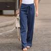 XUETON Women Cotton Linen Capri Yoga Pants High Waist Drawstring Loose Workout Pajama Baggy Harem Palazzo Lounge Peasant Pant(Blue,Large) view 2