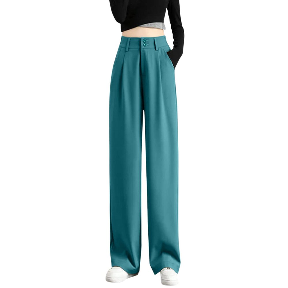 XUETON Womens High Waisted Pockets Work Office Palazzo Wide Leg Pants Button Casual Stretchy Sports Athletic Lounge Trousers(Blue,Medium)