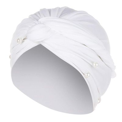 Head Turbans for Women Faux Pearl Fashion Pretwisted Hair Wraps Beanies Pleated Stretchy Comfortable Headscarf Caps White