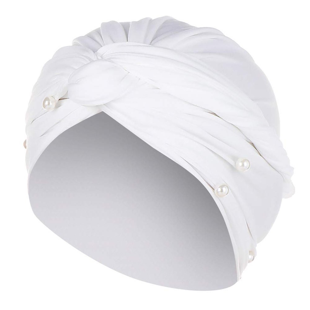 Head Turbans for Women Faux Pearl Fashion Pretwisted Hair Wraps Beanies Pleated Stretchy Comfortable Headscarf Caps White