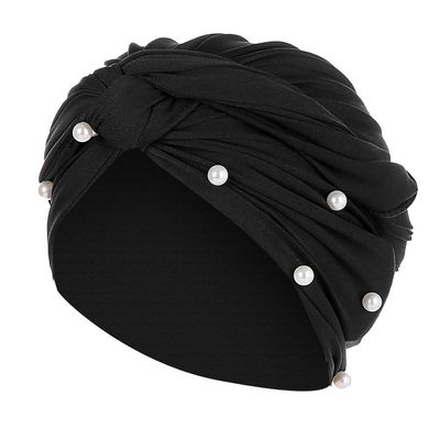 Head Turbans for Women Faux Pearl Fashion Pretwisted Hair Wraps Beanies Pleated Stretchy Comfortable Headscarf Caps Black