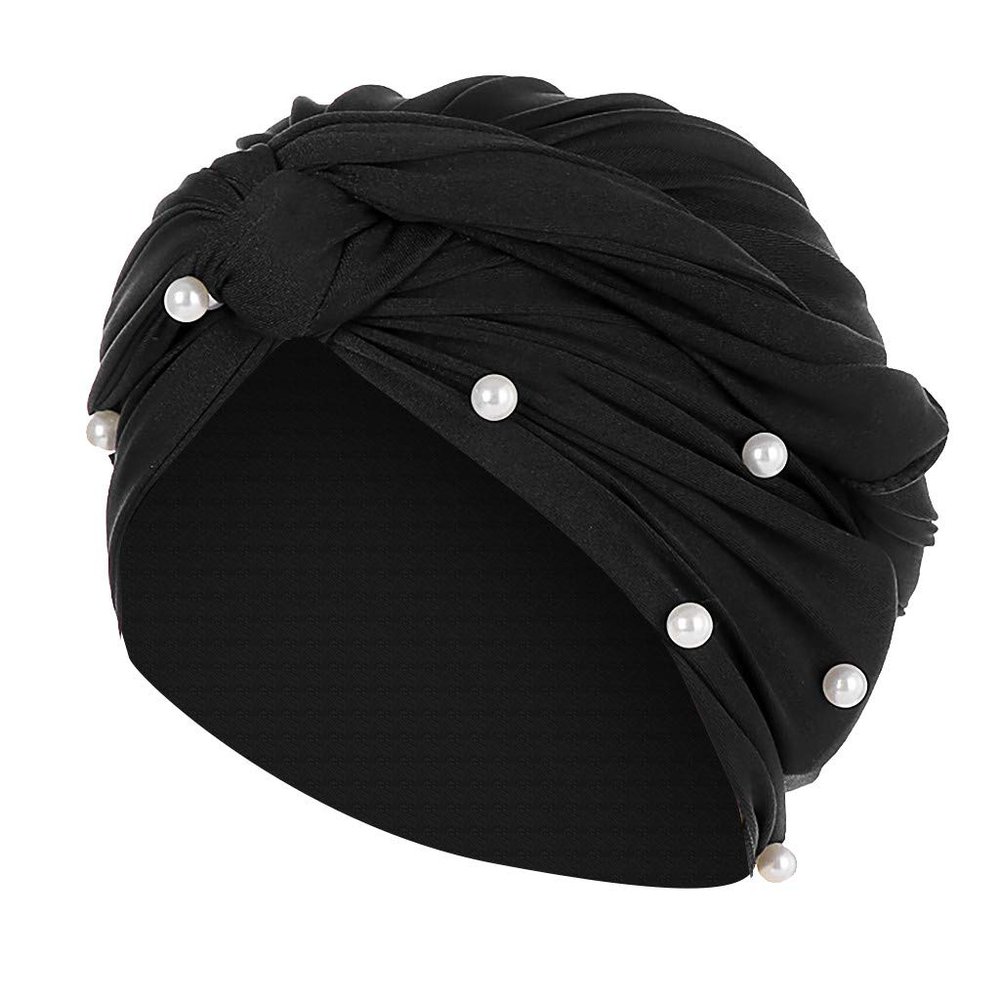 Head Turbans for Women Faux Pearl Fashion Pretwisted Hair Wraps Beanies Pleated Stretchy Comfortable Headscarf Caps Black