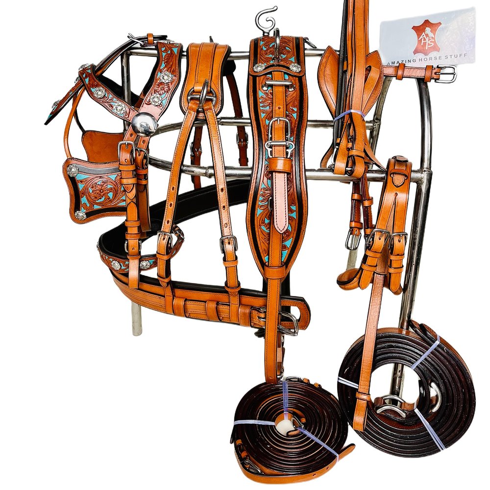 AMAZING HORSE STUFF Exclusive 3 Tone Leather Horse Driving Harness for Single Horse Cart with Designer Conchos All Over The Harness | Stainless Steel Hardware |