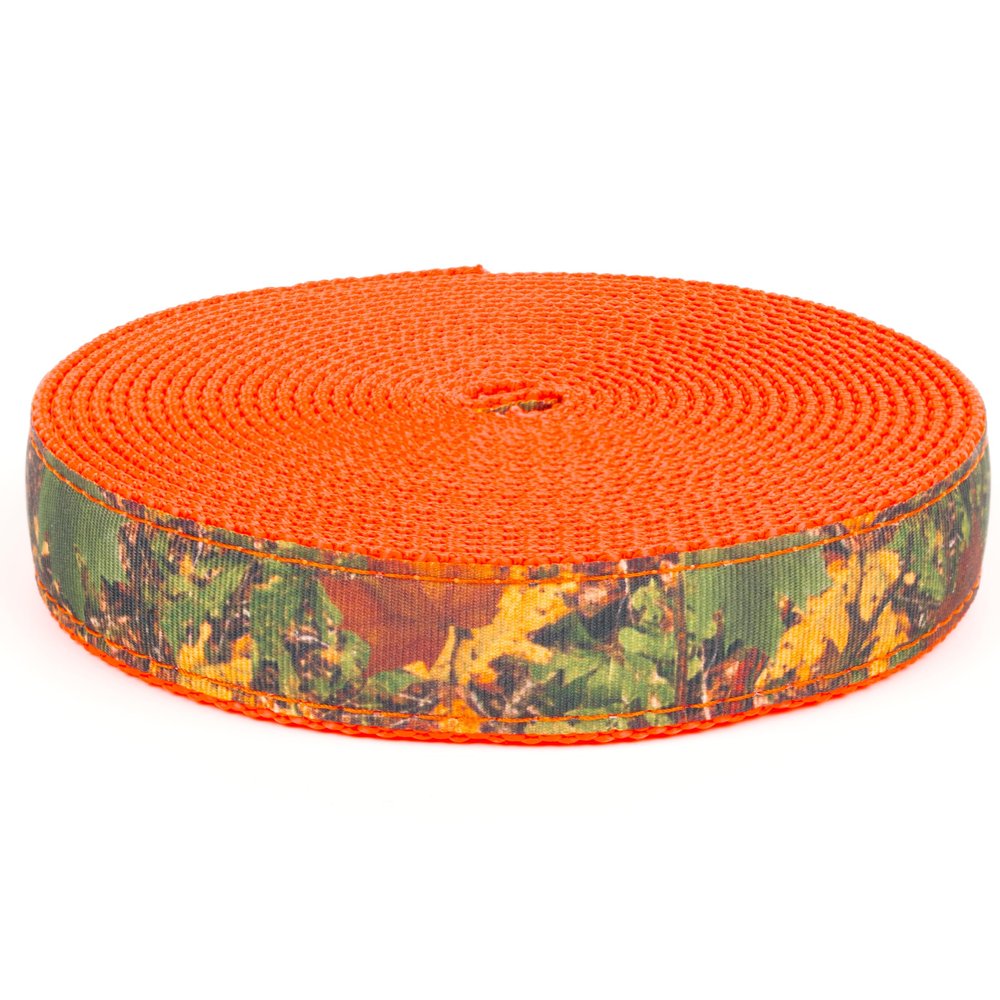 Country Brook Design - Southern Forest Camo on Neon Orange Nylon Webbing (1 Inch, 5 Yards)