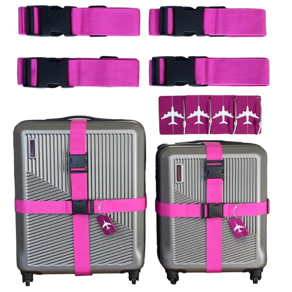8 Pack Luggage Set, 4 Pack Straps and 4 Pack ID Tags, Adjustable Heavy-Duty 79" Secure Travel Suitcase Belts (Fuchsia)
