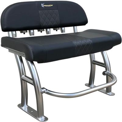 Fishmaster Pro Series Leaning Post for Center Console Fishing Boats - Deluxe Backrest, Rod Holders, Flow-Through Foam, Storage Compartment, Foldable Footrest Black Upholstery/Polished Anodized