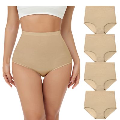 wirarpa Women's Underwear Cotton Super High Waisted Briefs Stretch Full Coverage Panties 4 Pack Beige Medium