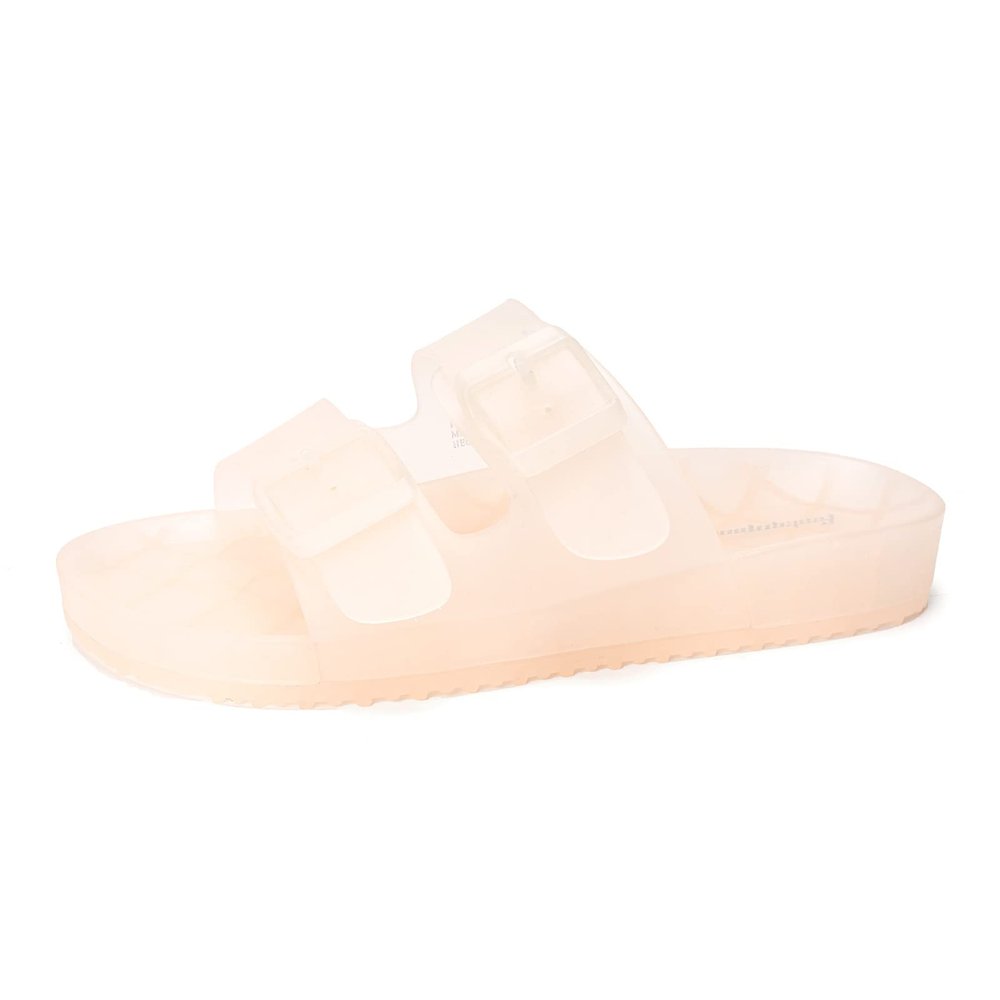 FUNKYMONKEY Women's Slides Sandals Dream Jelly Color Adjustable Double Buckle Adjustable Plastic Flat Sandals (6 M US, Nude/MKLS)