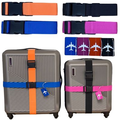 8 Pack Luggage Set, 4 Pack Straps and 4 Pack ID Tags, Adjustable Heavy-Duty 79" Secure Travel Suitcase Belts (Black/Blue/Fuchsia/Orange)
