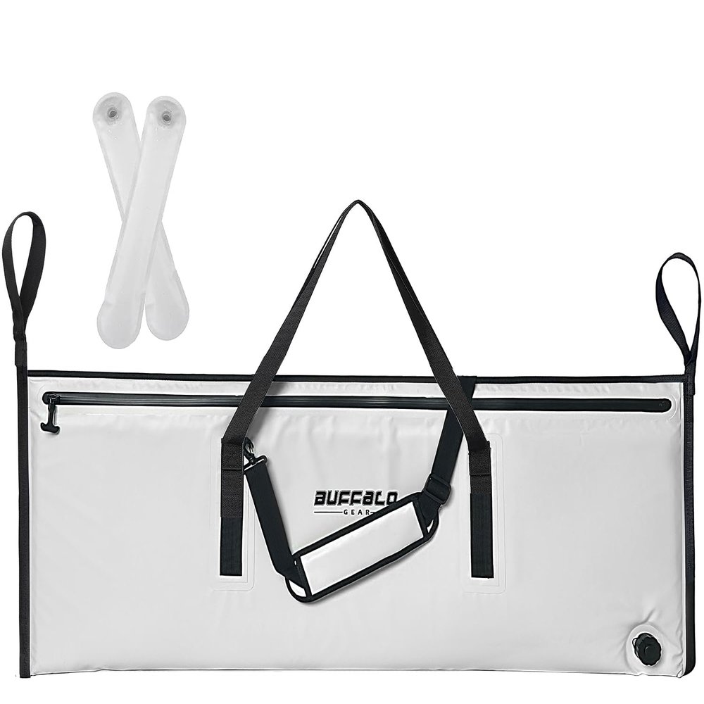 Buffalo Gear Insulated Fish Cooler 48x18In, Leakproof Kill Bag with 2 Reusable Cooler Ice Packs, Portable Waterproof Fish Bag with Adjustable Shoulder Strap, Keeps Ice-cold More than 48 Hours
