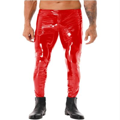 Jugaoge Mens Wet Look Patent Leather Leggings Low Rise Hot Pants Zipper Crotch Tight Long Trousers Red 4X-Large