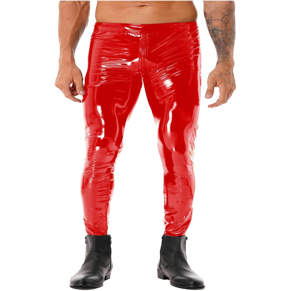 Jugaoge Mens Wet Look Patent Leather Leggings Low Rise Hot Pants Zipper Crotch Tight Long Trousers Red 4X-Large