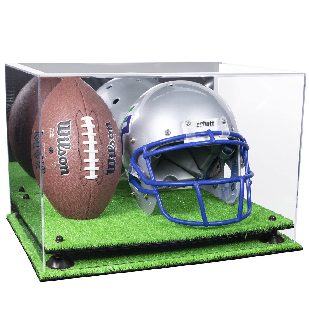 Better Display Cases Acrylic Football and Football Helmet Display Case - Large Rectangle Box with Mirror Case, Black Risers and Turf Base 18" x 14" x 12" (A014/B60)