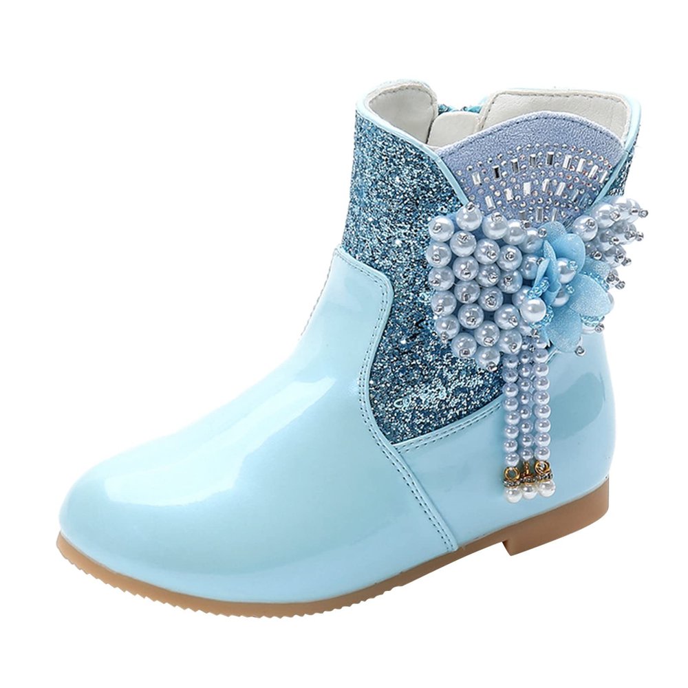 Children Short Boots Winter Plush Cotton Boots High Heel Boots Princess Boots Dress Shoes for Girls (Blue, 6-7 Years Little Child)