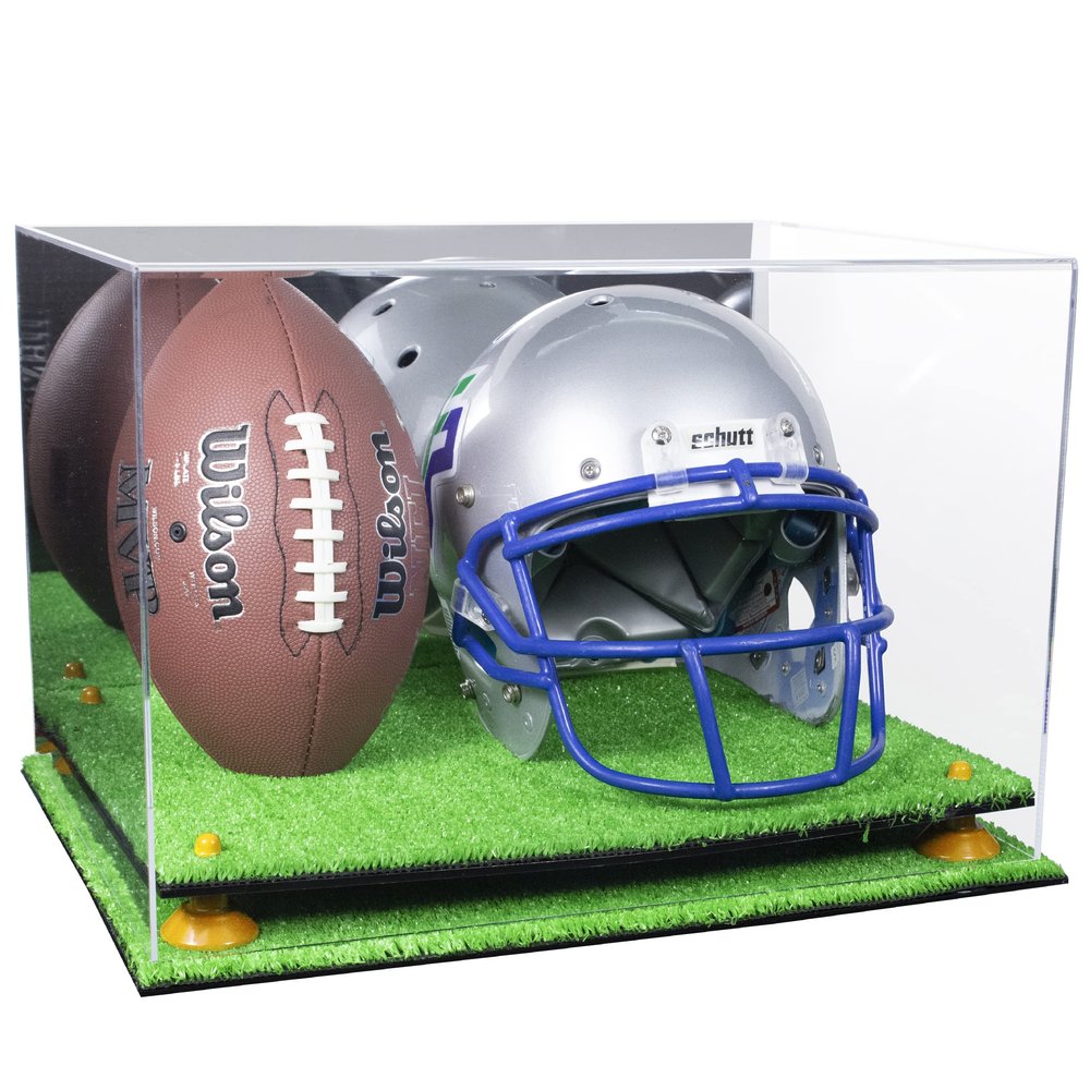 Better Display Cases Acrylic Football and Football Helmet Display Case - Large Rectangle Box with Mirror Case, Yellow Risers and Turf Base 18" x 14" x 12" (A014/B60)