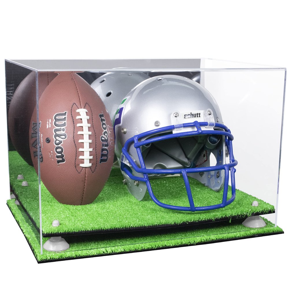 Better Display Cases Acrylic Football and Football Helmet Display Case - Large Rectangle Box with Mirror Case, White Risers and Turf Base 18" x 14" x 12" (A014/B60)