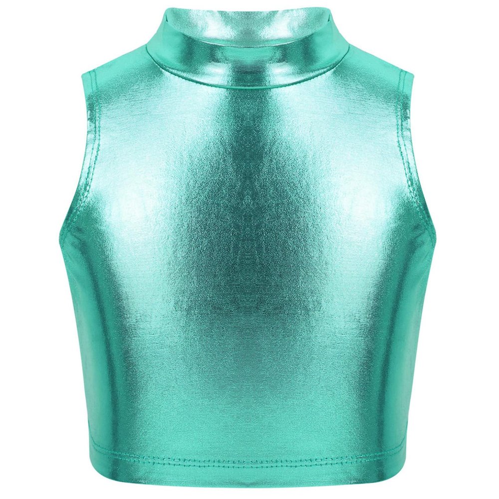 iiniim Girls Shiny Metallic Turtleneck Crop Tank Tops for Gymnastic Leotard Jazz Ballet Dance wear Costume Lake Blue 10