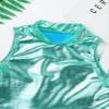 iiniim Girls Shiny Metallic Turtleneck Crop Tank Tops for Gymnastic Leotard Jazz Ballet Dance wear Costume Lake Blue 10 view 4