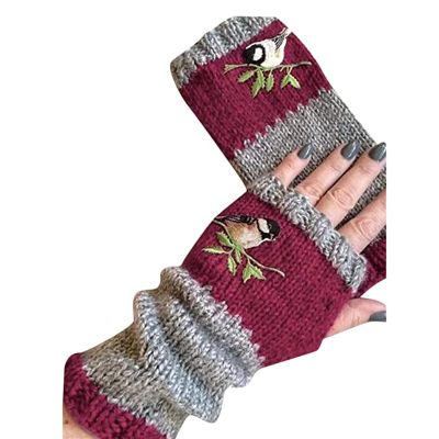 FOOMER Warm Patchwork Embroidered Fingerless Gloves, Vintage Knitted Gloves with Bird Embroidery (Wine Red, Medium)