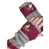 FOOMER Warm Patchwork Embroidered Fingerless Gloves, Vintage Knitted Gloves with Bird Embroidery (Wine Red, Medium) view 1