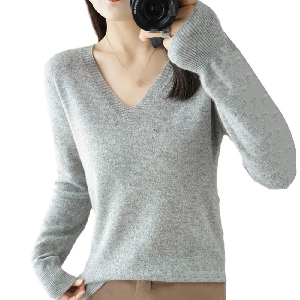 keusyoi Women's Sweater Autumn Winter Knitted Pullovers V-Neck Slim Fit Shirt Solid Soft Knitwear Jumpers Basic Sweaters