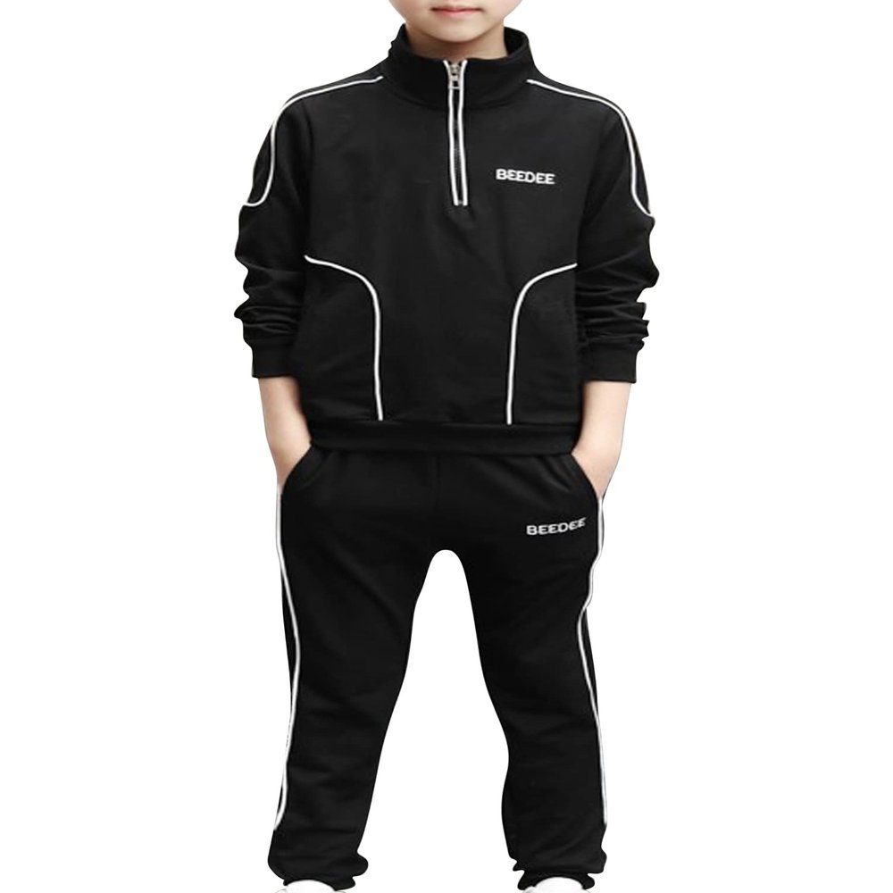 dPois Kids Boys Two Pieces Sweat Suit Long Sleeve Zipper Sweatshirts with Sweatpants Set Athletic Tracksuits Black 12-13 Years