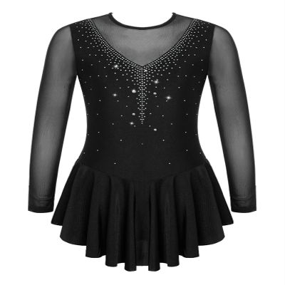 TSSOE Girls Long Sleeves Sequins Mesh Patchwork Gymnastics Ballet Dance Dress Figure Ice Skating Dress C03 16 Years
