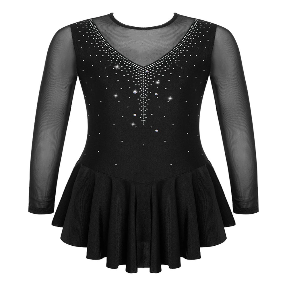 TSSOE Girls Long Sleeves Sequins Mesh Patchwork Gymnastics Ballet Dance Dress Figure Ice Skating Dress C03 16 Years